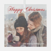Happy Christmas Red Elegant Script Family Foto Ornament Aus Glas (Vorderseite)