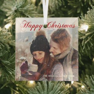 Happy Christmas Red Elegant Script Family Foto Ornament Aus Glas