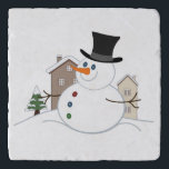 Happy Christmas Snowman Illustration Töpfeuntersetzer<br><div class="desc">Illustration eines Weihnachtsschneemans im Stil eines Cartoon in einer Schneeszene mit schneebedeckten Häusern und einem Baum im Hintergrund.</div>