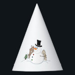 Happy Christmas Snowman Illustration und Art Partyhütchen<br><div class="desc">Illustration eines Weihnachtsschneemans im Stil eines Cartoon in einer Schneeszene mit schneebedeckten Häusern und einem Baum im Hintergrund auf der Vorderseite und "Frohe Weihnachten" auf jeder Seite,  die angepasst oder verändert werden kann.</div>