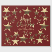 Happy Christmas Stars Red Gold Elegantes Skript Geschenkpapier (Flach)
