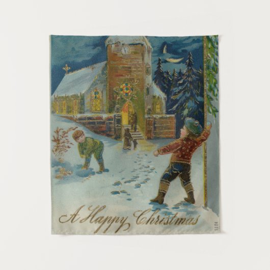 Happy Christmas - Vintage snowball fight postcard Wandteppich (Vorderseite)