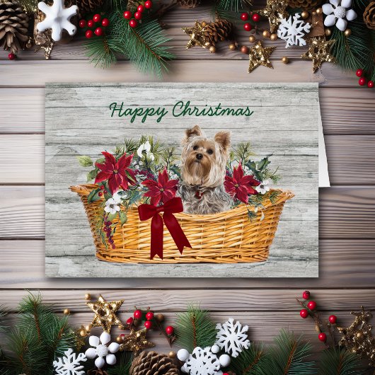 Happy Christmas Yorkshire Terrier Dog in Basket