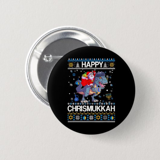 Happy Christmukah Santa Riding Dinasour Happy Button (Vorne & Hinten)