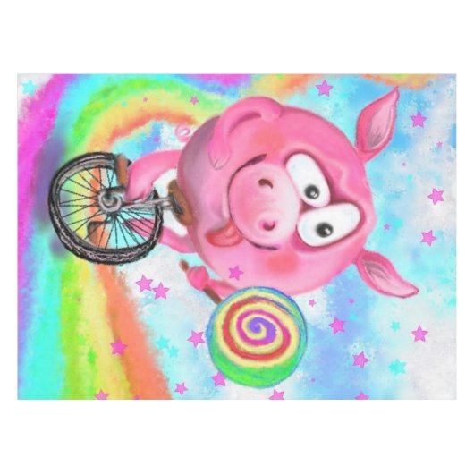 Happy Circus Acrobat Piggy Cyclist Licks Lollipop Tischdecke (Vorderseite (Horizontal))