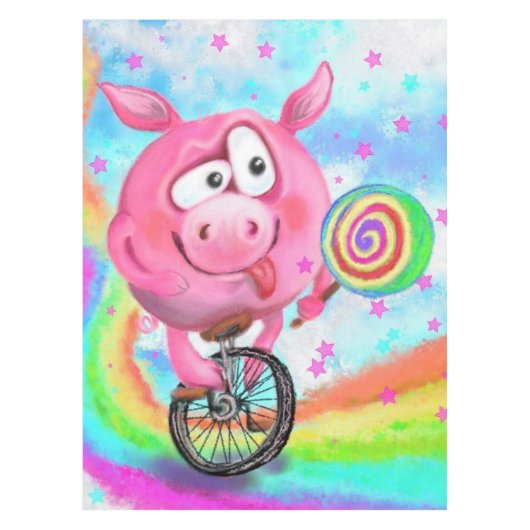 Happy Circus Acrobat Piggy Cyclist Licks Lollipop Tischdecke (Vorderseite)