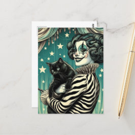 Happy Circus Clown Woman und eine schwarze Katze Postkarte