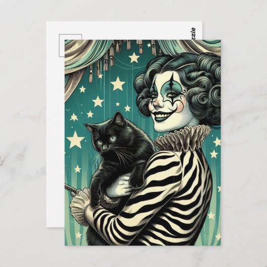Happy Circus Clown Woman und eine schwarze Katze Postkarte (Vorne/Hinten)