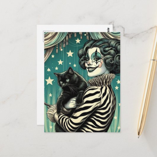 Happy Circus Clown Woman und eine schwarze Katze Postkarte (Vorderseite/Rückseite Beispiel)