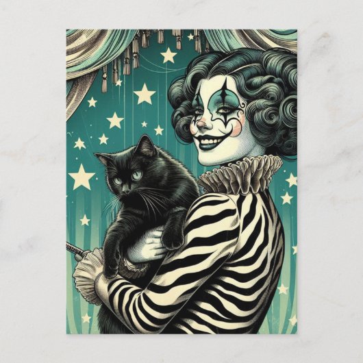 Happy Circus Clown Woman und eine schwarze Katze Postkarte (Vorderseite)