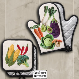 Happy Colorful Crochet Gemüse Pilz Collage Ofenhandschuh & Topflappen-Set