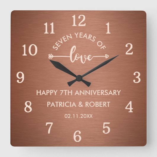 Happy Copper Jahrestag 7. Hochzeitstag Quadratische Wanduhr (Vorderseite)