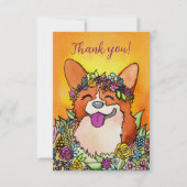 Happy Corgi mit Blume Dankeskarte (Vorderseite)
