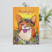 Happy Corgi mit Blume Dankeskarte (Stehend Vorderseite)