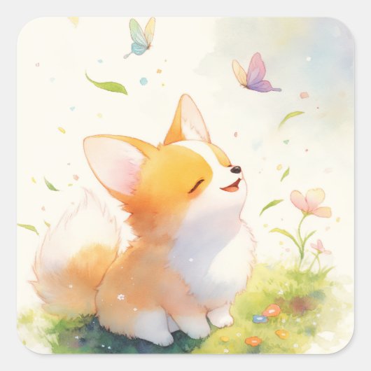Happy Corgi mit Butterfly Dance Quadratischer Aufkleber (Vorderseite)