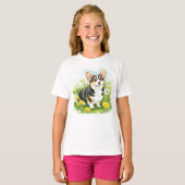 Happy Corgi Puppy Pet Blume T - Shirt (Vorne ganz)