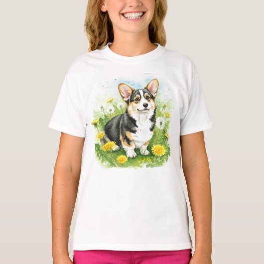 Happy Corgi Puppy Pet Blume T - Shirt (Vorderseite)