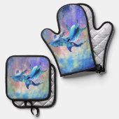 Happy Couple Dolphin Oven Mitt & Pot Holder Set (Vorderseite/Rückseite)