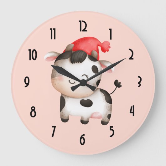 Happy Cow mit einem Red Hat Niedlich Große Wanduhr (Vorderseite)