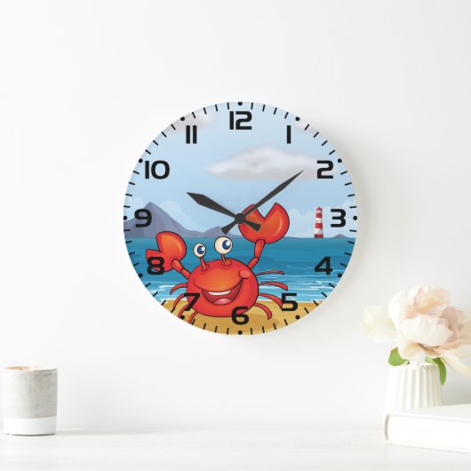 Happy Crab on Beach with Lighthouse Große Wanduhr (Zuhause)