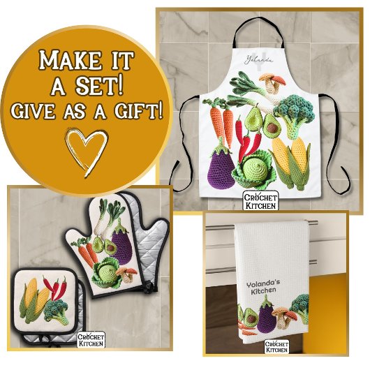 Happy Crochet Gemüsemushroom Collage Monogram Geschirrtuch