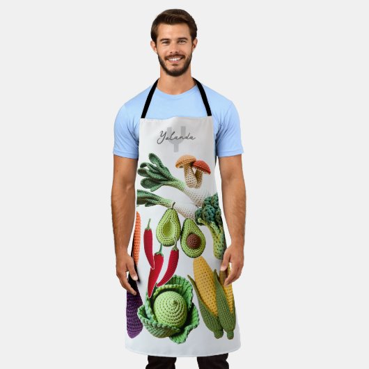 Happy Crochet Gemüsemushroom Collage Monogram Schürze (Getragen)