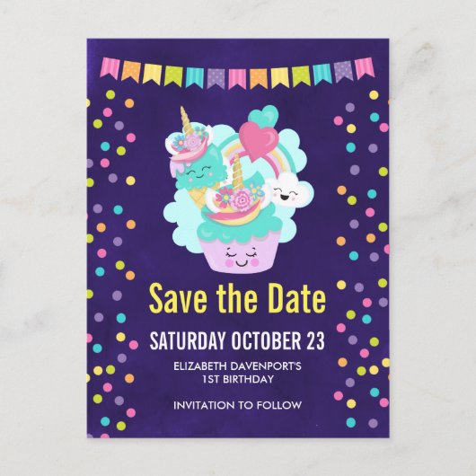 Happy Cupcake and Ice Cream Birthday Save the Date Ankündigungspostkarte (Vorderseite)