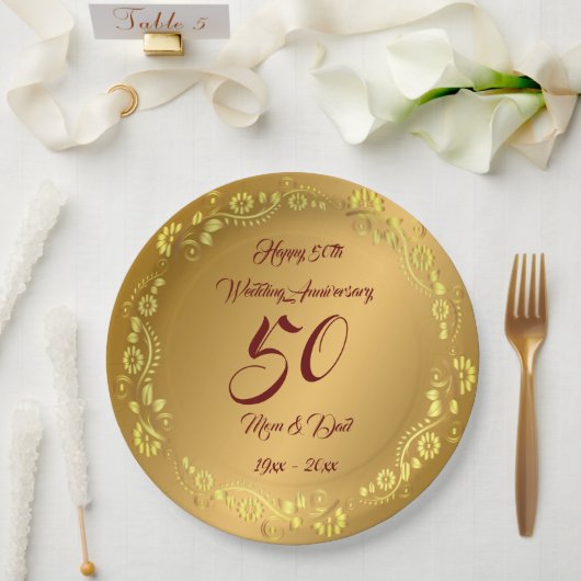 Happy Customize Gold 50th Anniversary Paper Plate Pappteller (Hochzeit)