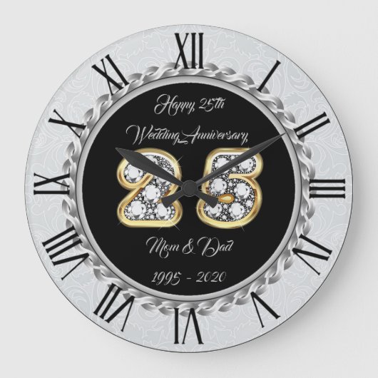 Happy Customize Silver 25th Anniversary Große Wanduhr (Vorderseite)