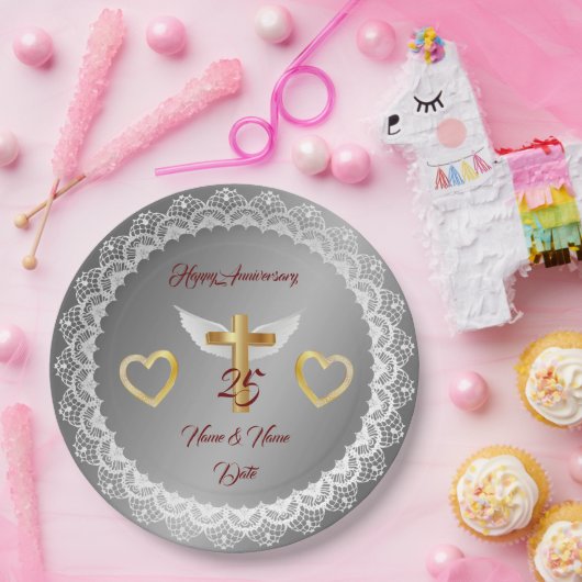 Happy Customize Silver Lace Jubiläum Pappteller (Party)