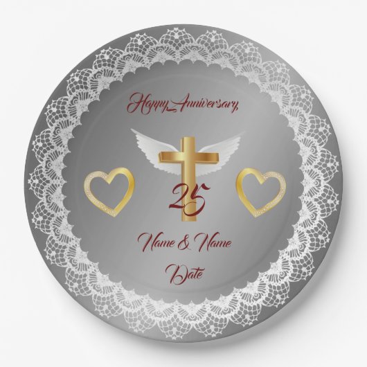 Happy Customize Silver Lace Jubiläum Pappteller (Vorderseite)