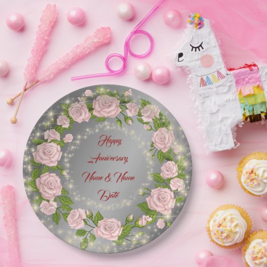 Happy Customize Silver Rose Jubiläum Pappteller (Party)