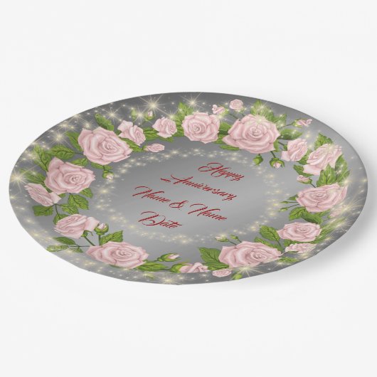 Happy Customize Silver Rose Jubiläum Pappteller (Schrägansicht)