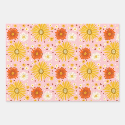 Happy Daisies farbiges Retro-Muster der 1970er Jah Geschenkpapier Set (Vorderseite)