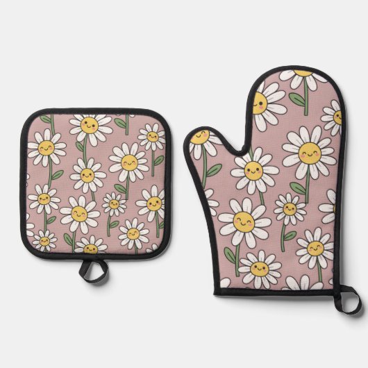 Happy Daisies Pattern - Cute Floral Design Ofenhandschuh & Topflappen-Set (Vorderseite)
