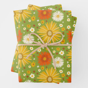 Happy Daisies Retro 70er farbiges Muster Geschenkpapier Set