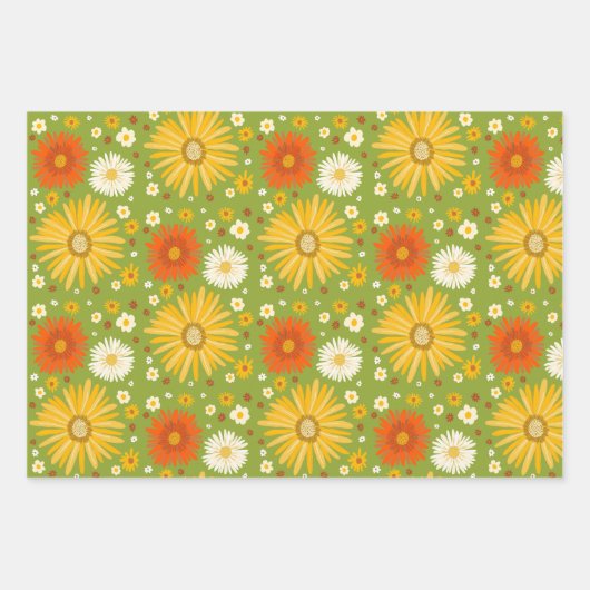 Happy Daisies Retro 70er farbiges Muster Geschenkpapier Set (Vorderseite)