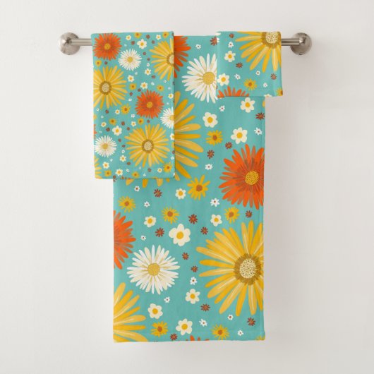 Happy Daisy Colorful Pattern Daisies Blue Badhandtuch Set (Insitu)