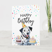 Happy Dalmatiner Hund hält Kuchen Geburtstag