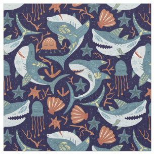 Happy Dancing Haie auf Ocean Blue Stoff