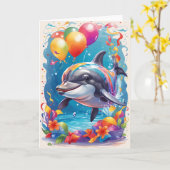 Happy Delphin lächeln und feiern | Karte (Gelbe Blume)