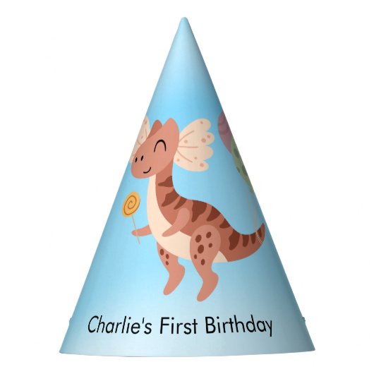 Happy Diloposaurus Dinosaurier mit Ballons Partyhütchen (Vorderseite)