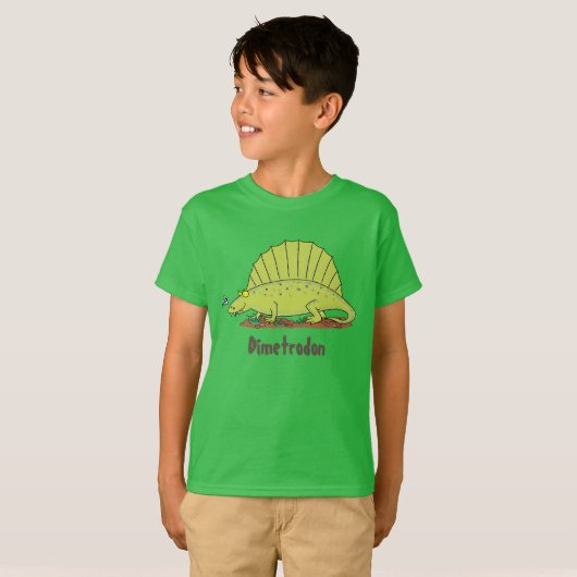 Happy Dimetrodon grüner Cartoon Dinosaurier T-Shirt (Vorne ganz)