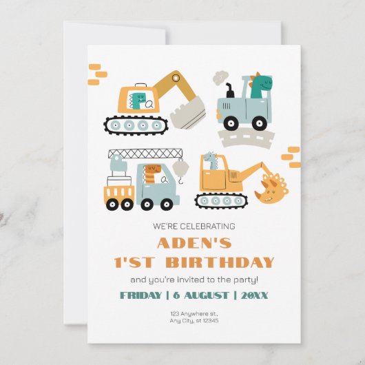 Happy Dino Party 1. Geburtstag Einladung (Vorderseite)