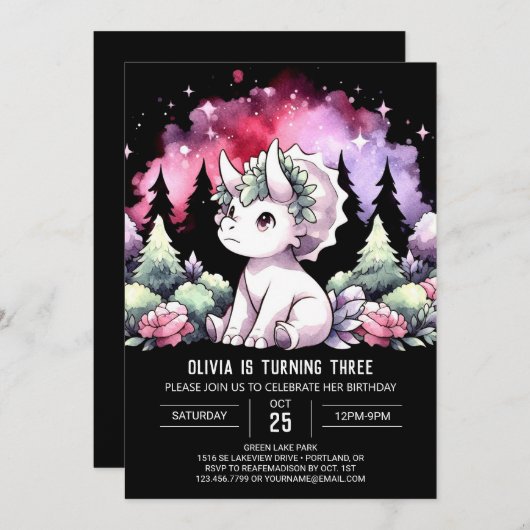 Happy Dino Triceratops Geburtstag Einladung (Vorne/Hinten)