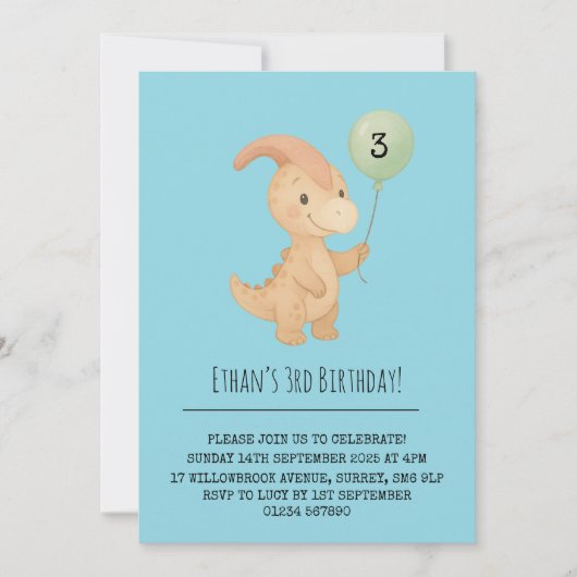 Happy Dino with Curved Crest and Balloon Birthday  Einladung (Vorderseite)