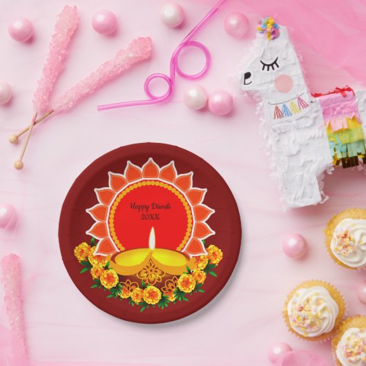 Happy Diwali 20xx Add Year oder Text Marigolds 7" Pappteller (Party)