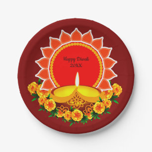 Happy Diwali 20xx Add Year oder Text Marigolds 7" Pappteller