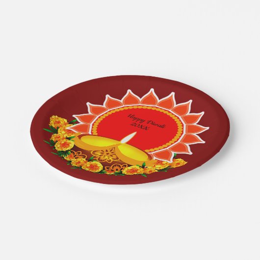 Happy Diwali 20xx Add Year oder Text Marigolds 7" Pappteller (Schrägansicht)