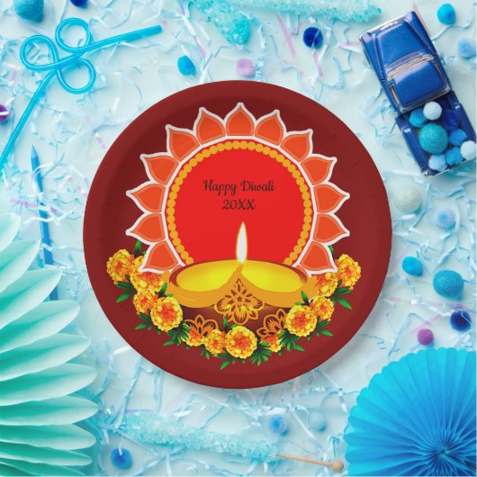 Happy Diwali 20xx Add Year oder Text Marigolds 9" Pappteller (Party)